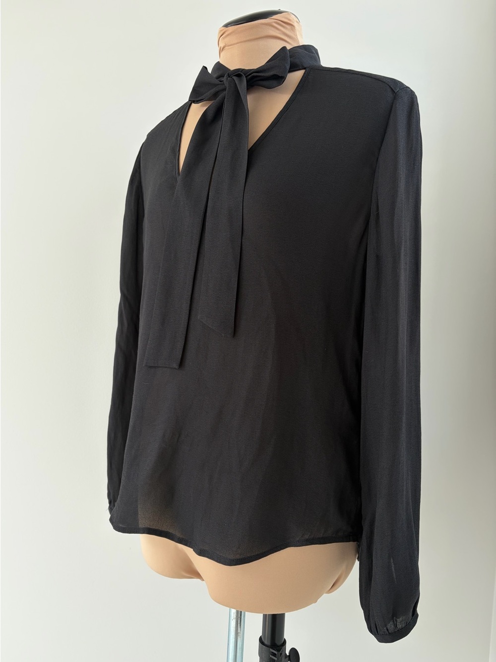 Talula Black Tie‑Neck Blouse – Sheer Long Sleeve Black Bow Top | Size M